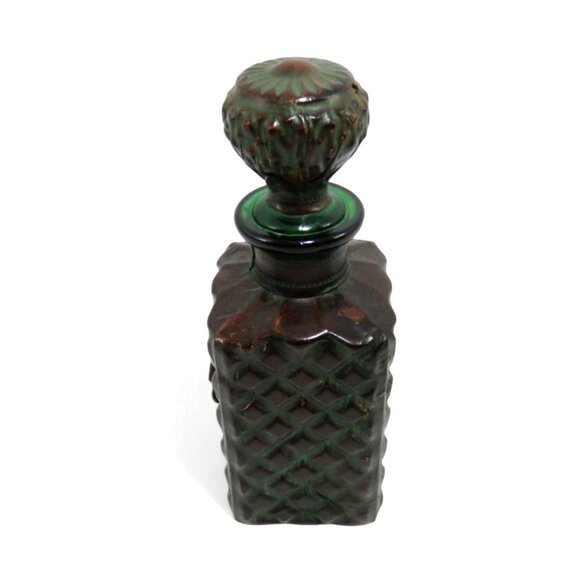 Green Glass DECANTER with LEATHER Wrap and Diamond X Pattern 10" 1960s Vintage - Picture 11 of 13